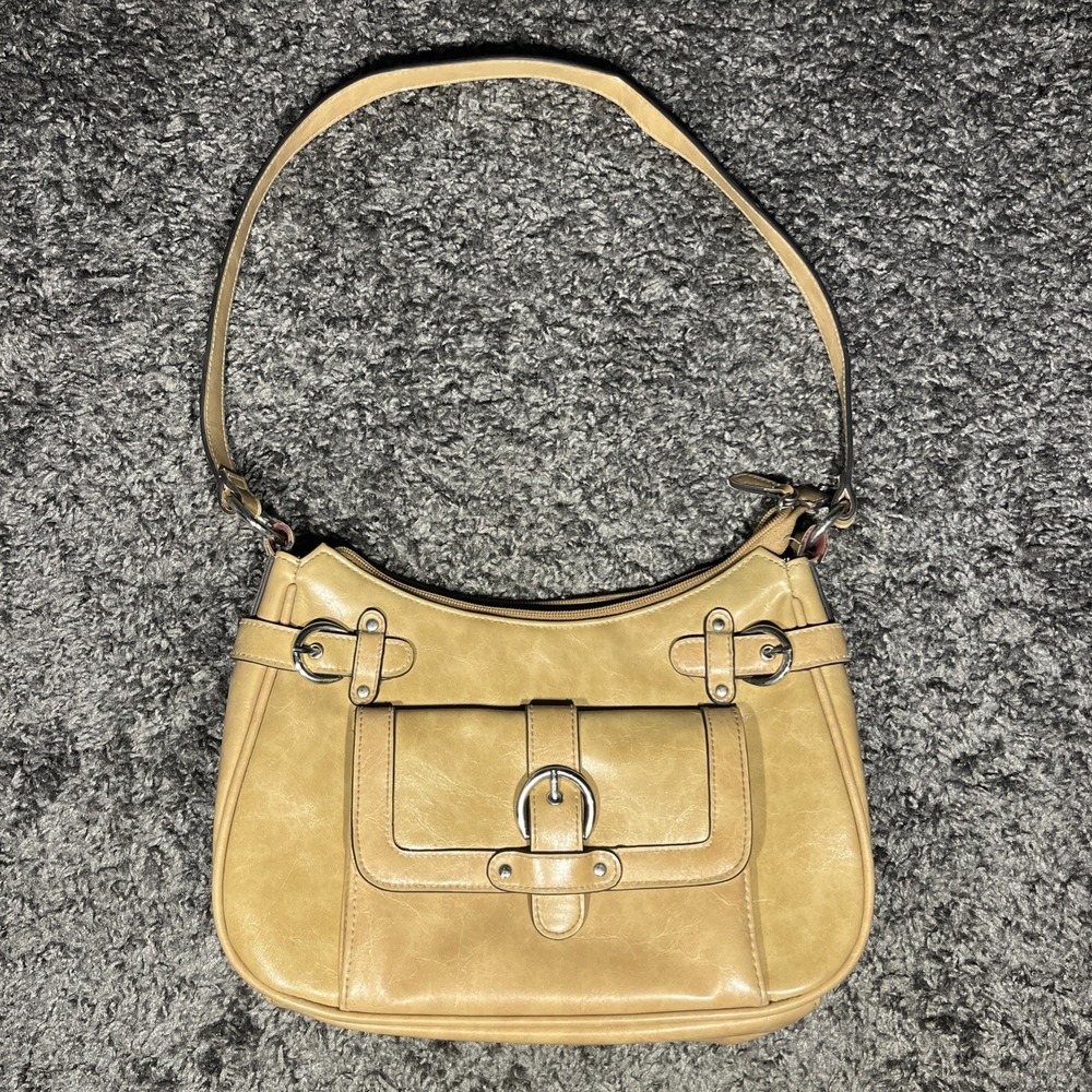 Womens Tan Brown Vinyl Small Shoulder Bag Handbag Purse‎